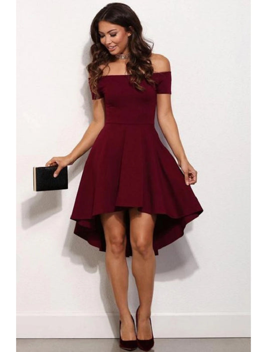 A-Line Fairy Cute Homecoming Party Dress Dress Off Shoulder Short Sleeve Short / Mini Stretch Satin with Pure Color