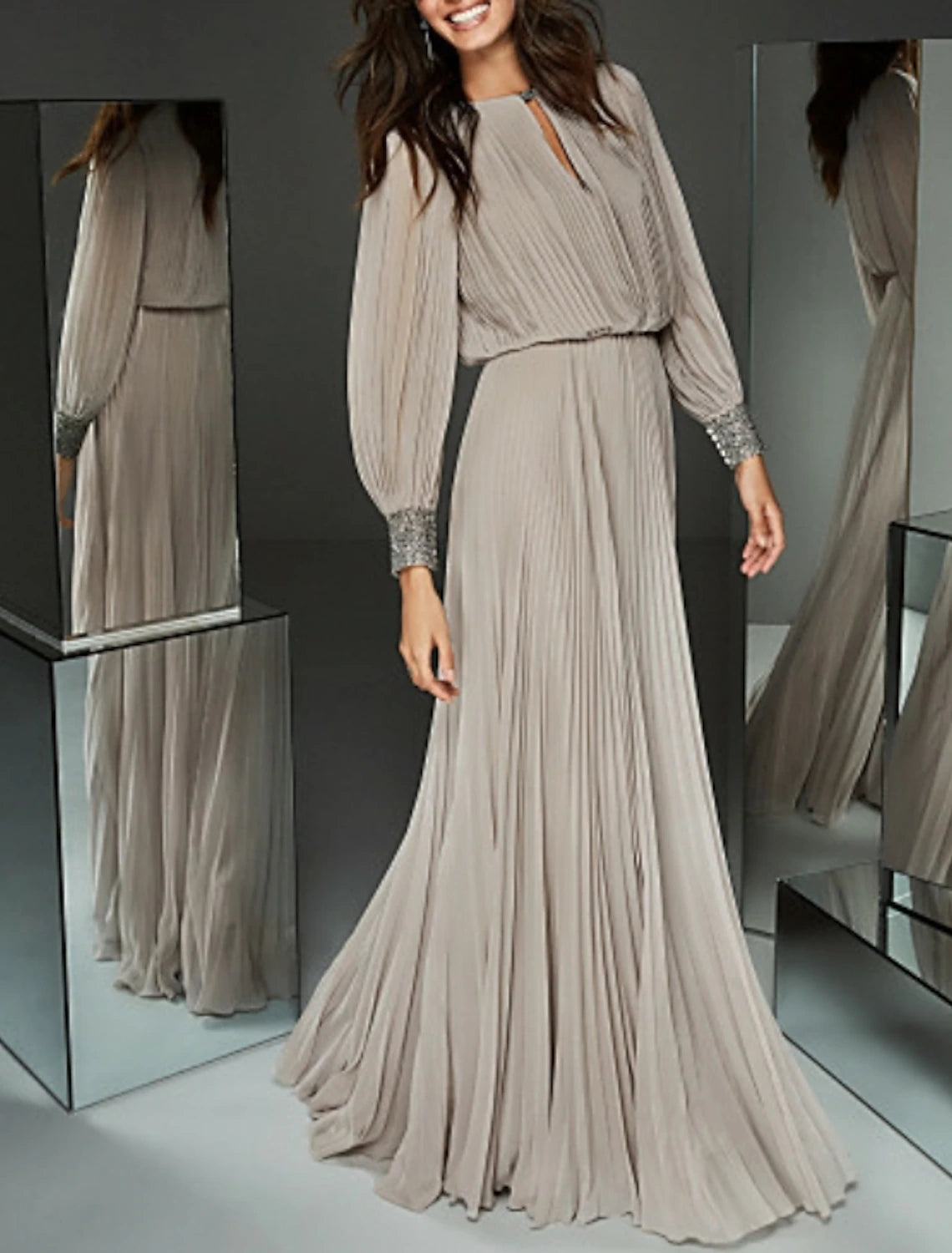 A-Line Jewel Neck Floor Length Party Dress Chiffon Long Sleeve Mother of the Bride Dress with Buttons Pleats Beading