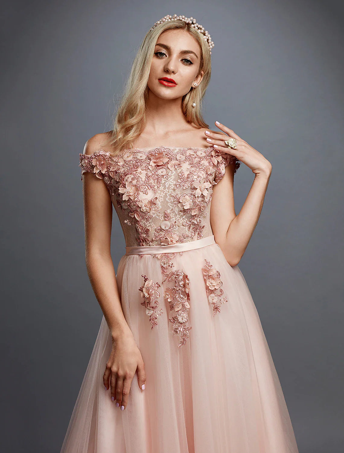 A-Line Floral Dress Wedding Guest Sweep / Brush Train Sleeveless Off Shoulder Tulle Over Lace with Appliques Beautiful