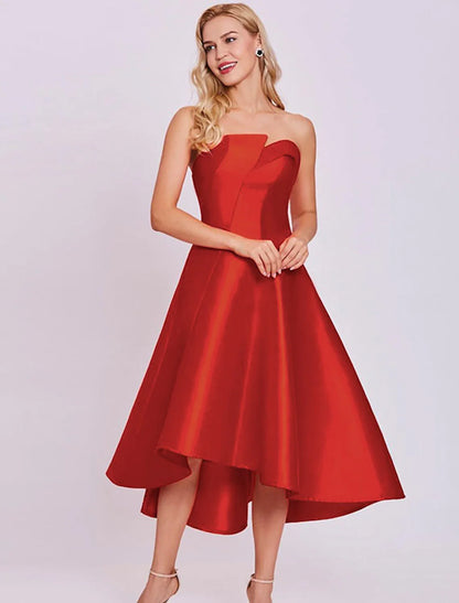 A-Line Cocktail Dresses Minimalist Dress Homecoming Wedding Guest Tea Length Sleeveless Strapless Satin with Sleek $79.99