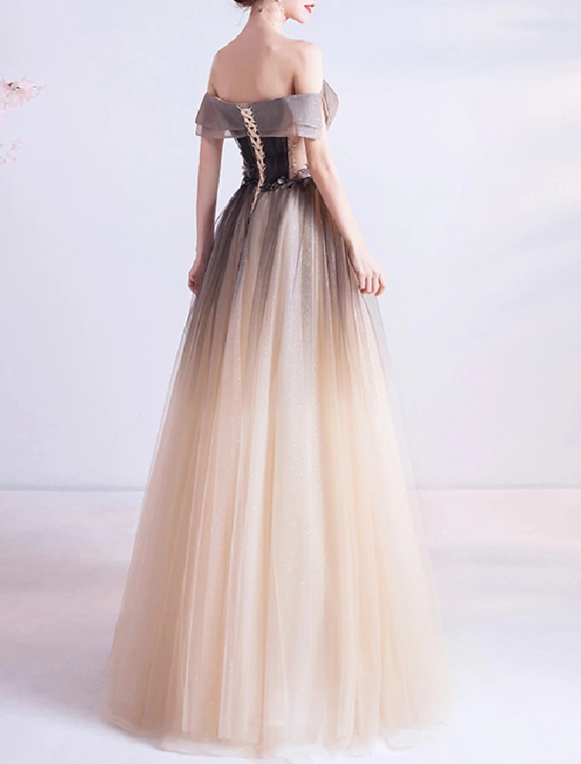 A Line Ball Gown Princess Cute Prom Dress Off Shoulder Sleeveless Floor Length Tulle with Crystals Appliques