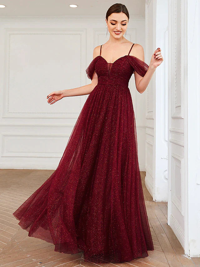 A-Line Bridesmaid Dress Spaghetti Strap / Off Shoulder  Elegant Floor Length Tulle with Draping / Ruching / Solid Color