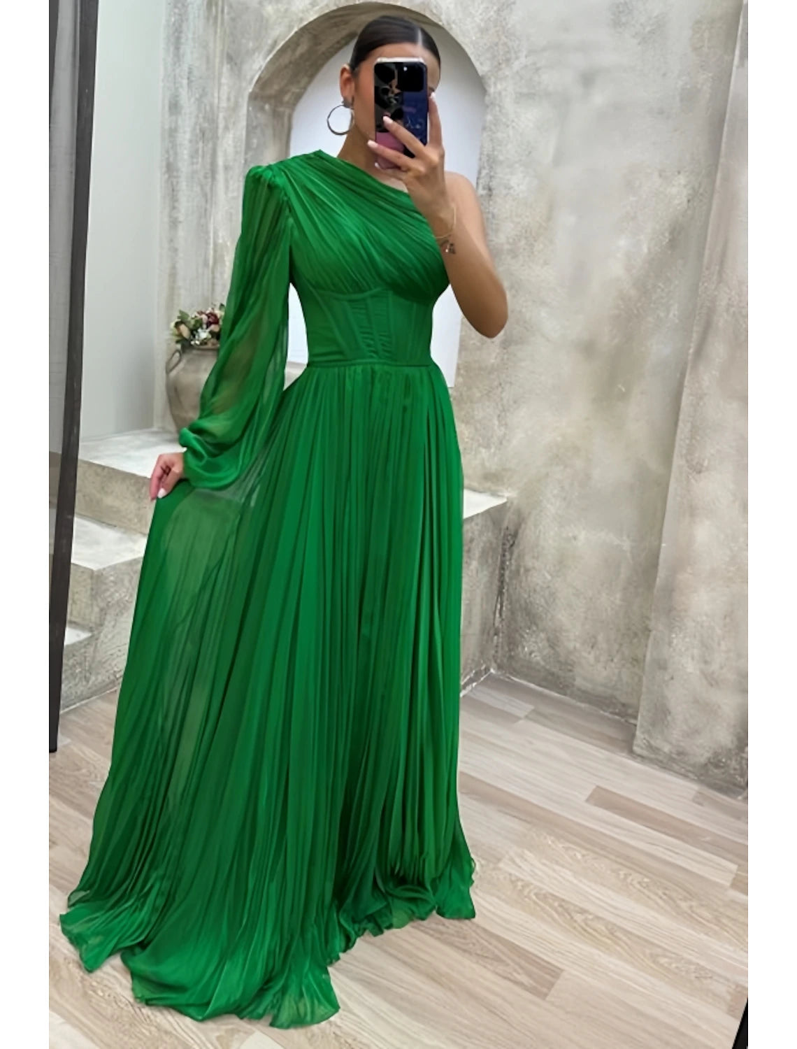 A-Line Evening Gown High Split Dress Formal Fall Sweep / Brush Train Long Sleeve One Shoulder Chiffon with Pleats Slit