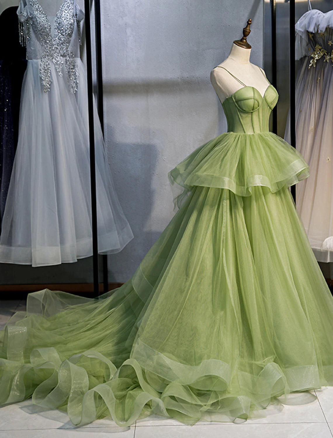 Ball Gown Quinceanera Dresses Sweet 16 Court Train Sleeveless Spaghetti Strap Tulle with Ruffles