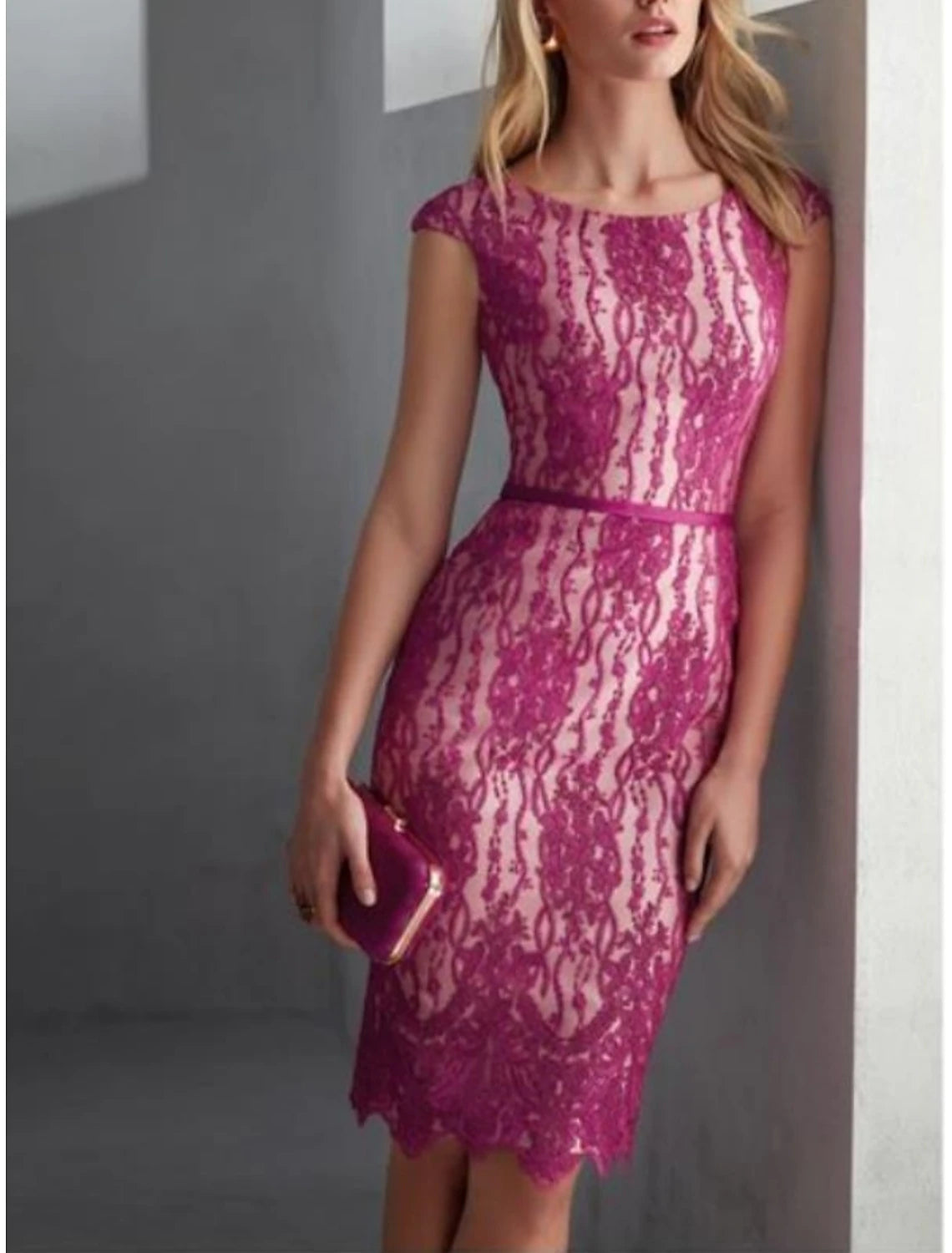 A Line Petite Scoop Neck Knee Length Two Pieces Wedding Guest Party Dress Satin Lace 3/4 Length Sleeve  Mother of the Bride Dress with Bow(s) Ruching