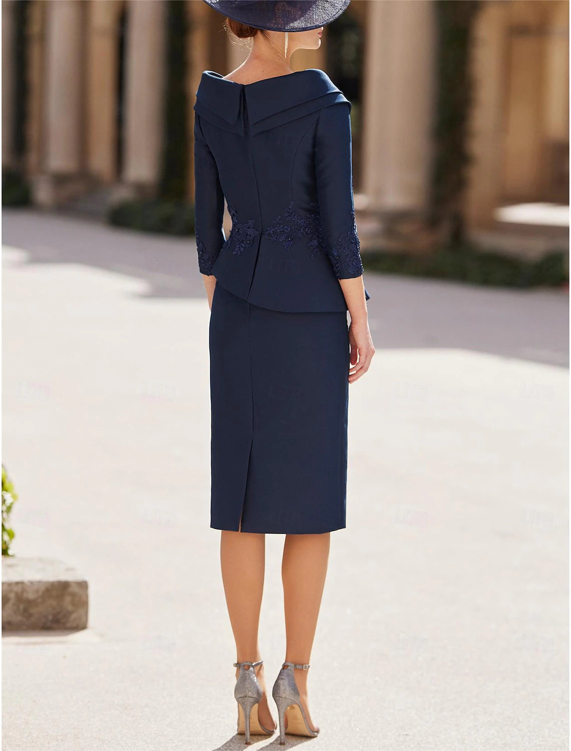 Sheath V Neck Tea Length Wedding Guest Party Dress  Satin 3/4 Length Sleeve Mother of the Bride Dress  with Appliques