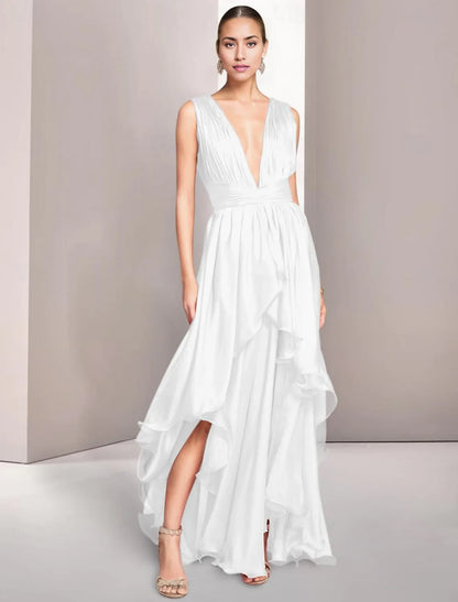 A-Line Chiffon Elegant Wedding Guest Dress Ruched Prom Dresses Asymmetrical Sleeveless V Neck