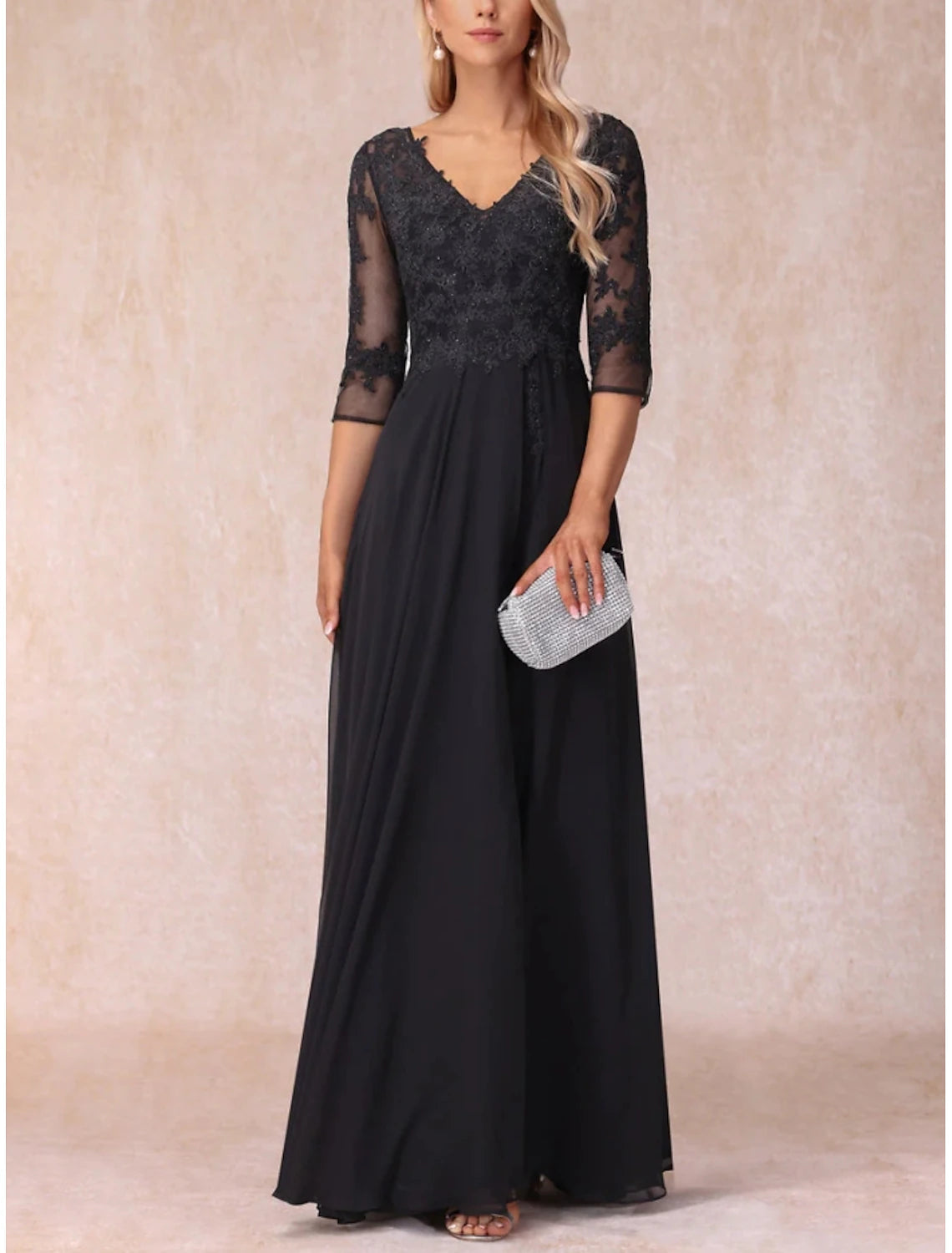 A-Line  V Neck Floor Length Wedding Guest Party Dress Chiffon Lace 3/4 Length Sleeve Mother of the Bride Dress with Ruching