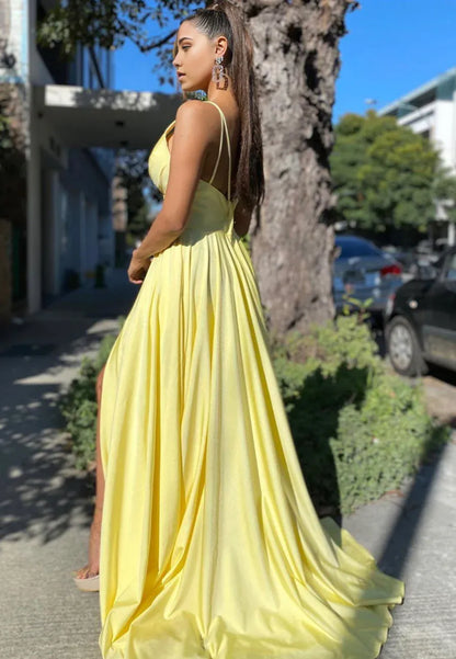 A-Line Yellow V-Neck Satin Spaghetti Straps Evening Dresses Long Prom Dresses