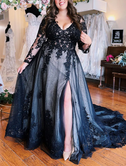 A-Line Evening Gown Black Dress Formal Wedding Court Train Sleeveless V Neck Fall Wedding Reception Tulle