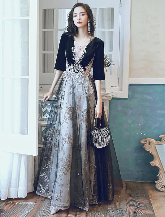 A-Line Evening Gown Glittering Dress Wedding Guest Party Wear Floor Length Half Sleeve Illusion Neck Velvet with Sequin Appliques