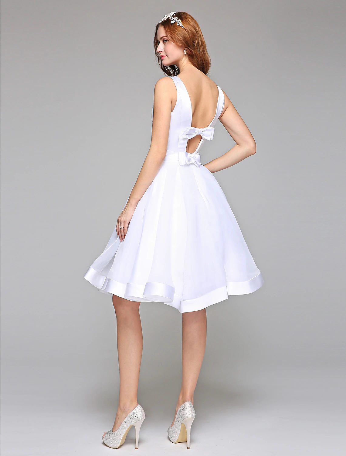 Wedding Dresses A-Line Bateau Neck Regular Straps Knee Length Satin Bridal Gowns With Bowknot Sash / Ribbon