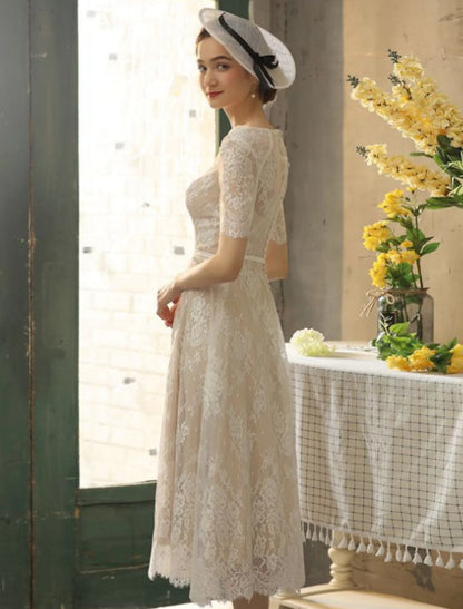 Reception Fall Wedding Dresses Little White Dresses in Color A-Line Illusion Neck Half Sleeve Tea Length Lace Bridal Gowns With Sash / Ribbon Appliques Summer Party Women's Clothing