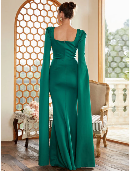 Sheath / Column Evening Gown Elegant Dress Formal Fall Floor Length Long Sleeve Square Neck Stretch Fabric with Pleats