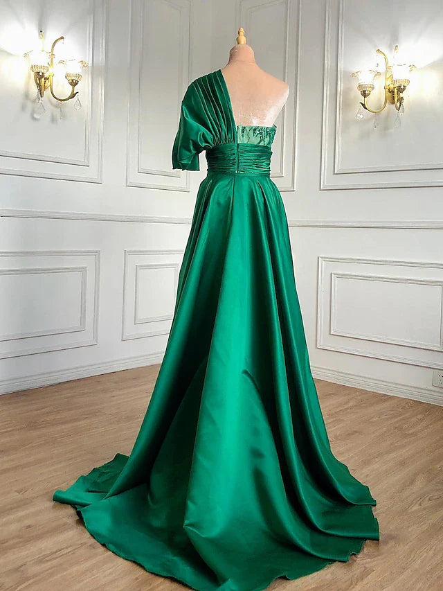 A-Line Evening Gown Luxurious Dress Formal Sweep / Brush Train Short Sleeve One Shoulder Charmeuse with Ruched Crystals