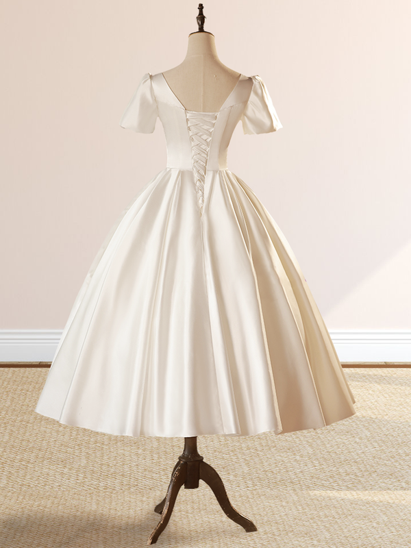 White Satin Square Neck Short Sleeve Lace Up Wedding Dress Beautiful