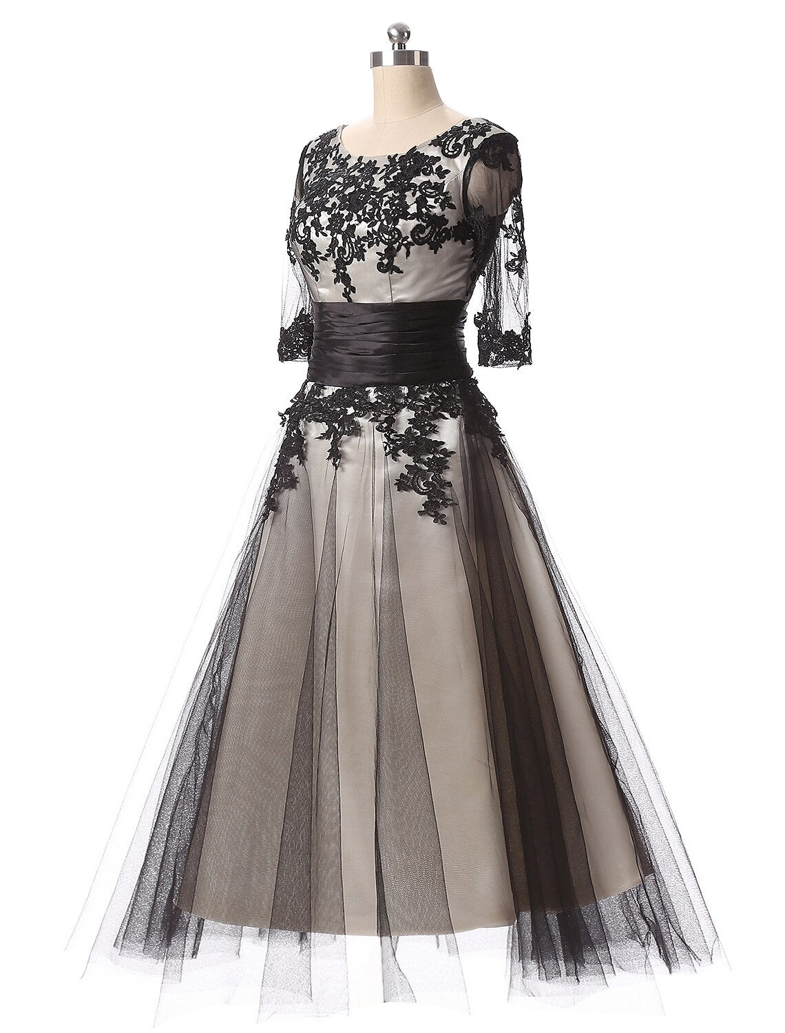 Formal Evening Ankle Length Half Sleeve Jewel Neck Fall Wedding Guest Lace with Lace Insert Appliques