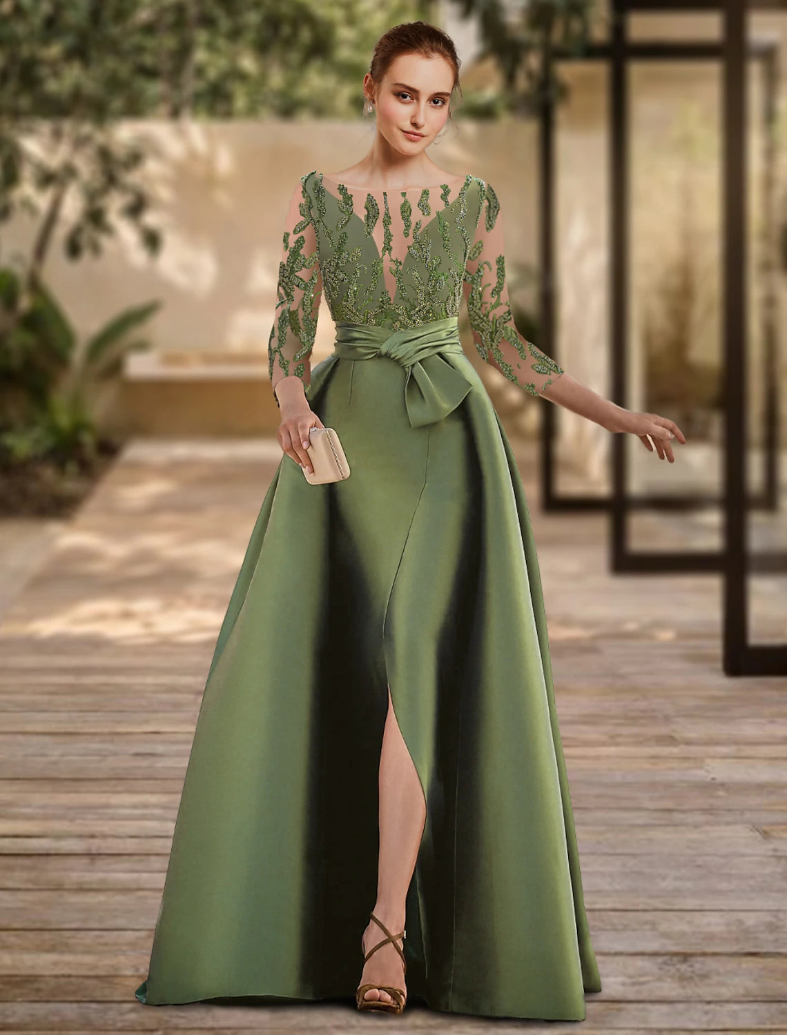 A-Line Evening Gown Open Back Dress Formal Wedding Guest Floor Length 3/4 Length Sleeve Scoop Neck Lace with Slit Strappy