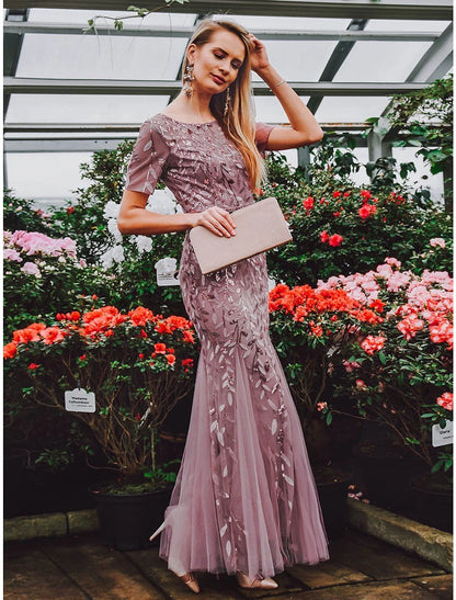 Mermaid / Trumpet Evening Gown Empire Dress Wedding Guest Formal Evening Floor Length Short Sleeve Jewel Neck Bridesmaid Dress Tulle with Embroidery