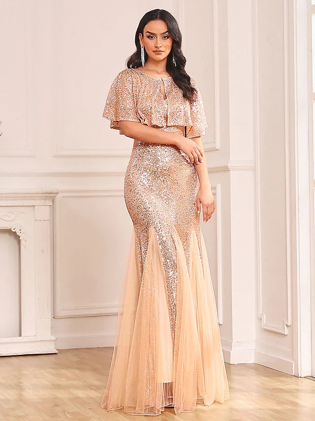 Two Piece Mermaid / Trumpet Party Dresses Sparkle & Shine Dress Prom Floor Length Sleeveless V Neck Capes Tulle V Back with Sequin Shawl