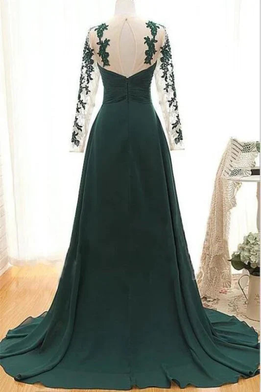 Appliques Long Sleeves Prom Dress Dark Green Floor Length Evening Dress