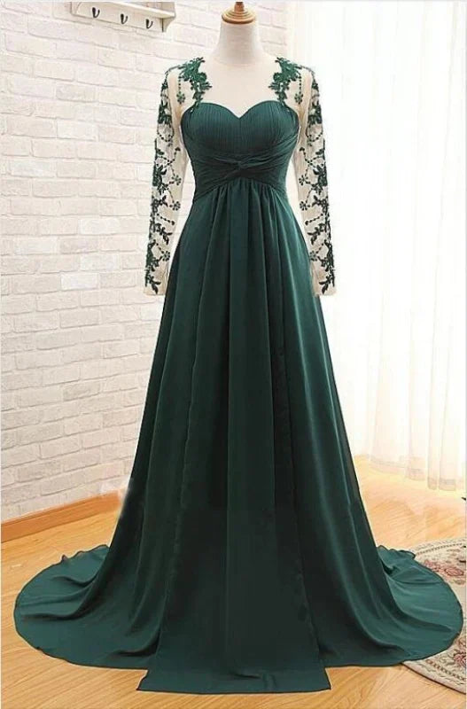 Appliques Long Sleeves Prom Dress Dark Green Floor Length Evening Dress