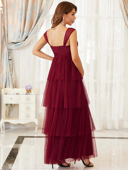 A-Line Maternity Cute Formal Prom/Evening Dress V Neck Sleeveless Floor Length Tulle with Tier Pure Color