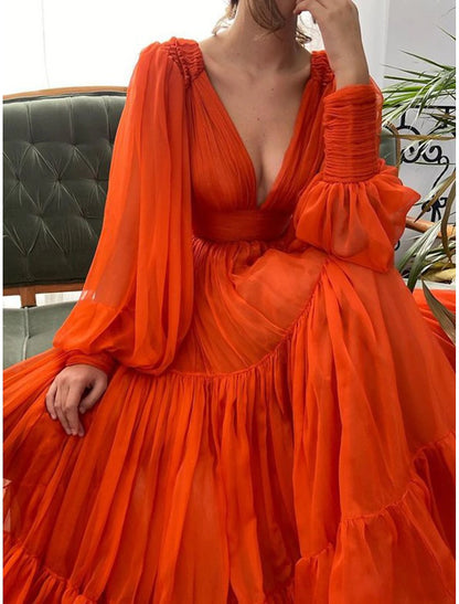 A-Line Wedding Guest Dress Floor Length Long Sleeve V Neck Chiffon with Ruched