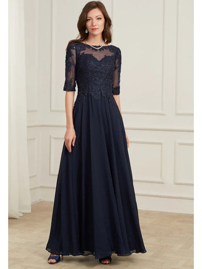 A-Line Elegant Wedding Guest Formal Evening Dress Jewel Neck Half Sleeve Floor Length Tulle with Appliques