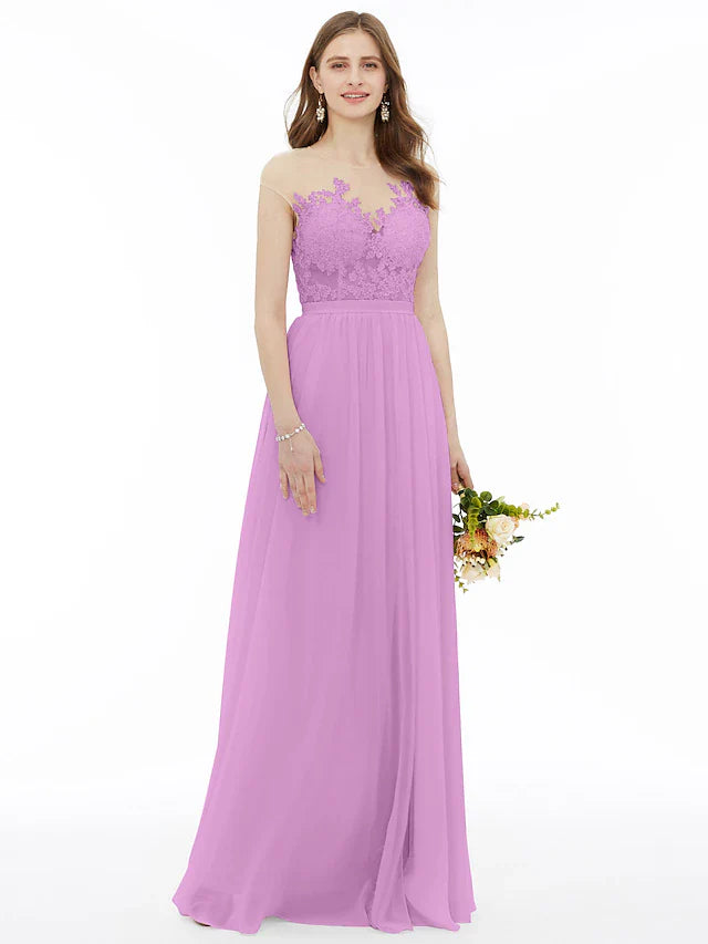 A-Line Bridesmaid Dress Illusion Neck Sleeveless Illusion Detail Floor Length Chiffon / Floral Lace with Sash / Ribbon / Appliques