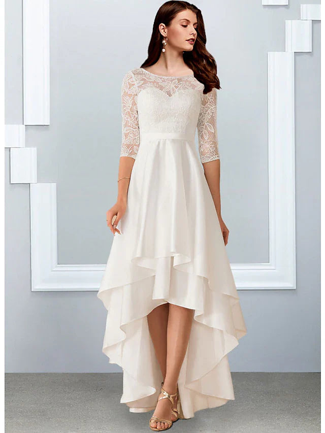 Little White Dresses Wedding Dresses Asymmetrical A-Line Half Sleeve Illusion Neck Chiffon With Cascading Ruffles