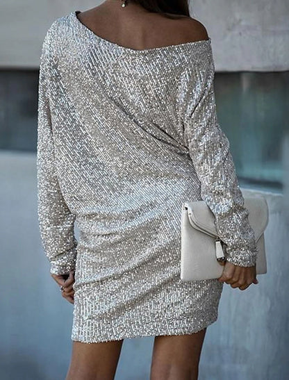 Women's Gold Sequin Dress Party Dress Sparkly Dress Holiday Dress Shift Dress Short Mini Dress White Black Long Sleeve Fall Spring One Shoulder Stylish Hot Loose