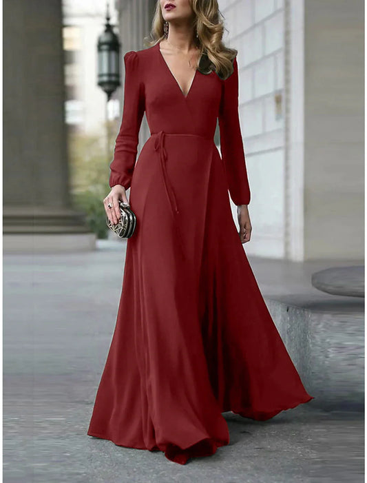 A-Line Minimalist Elegant Wedding Guest Formal Evening Dress V Neck Long Sleeve Floor Length Stretch Chiffon with Pure Color Strappy