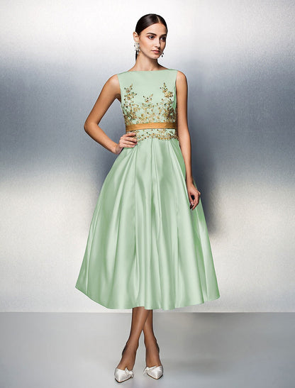 A-Line Cocktail Dresses Elegant Dress Wedding Guest Prom Tea Length Sleeveless Jewel Neck Satin V Back with Pleats Appliques