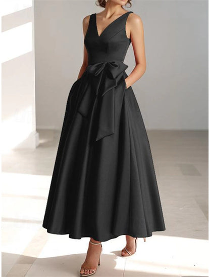 A-Line Cocktail Dresses Elegant Dress Wedding Guest Tea Length Sleeveless V Neck Pocket Satin with Bow(s)