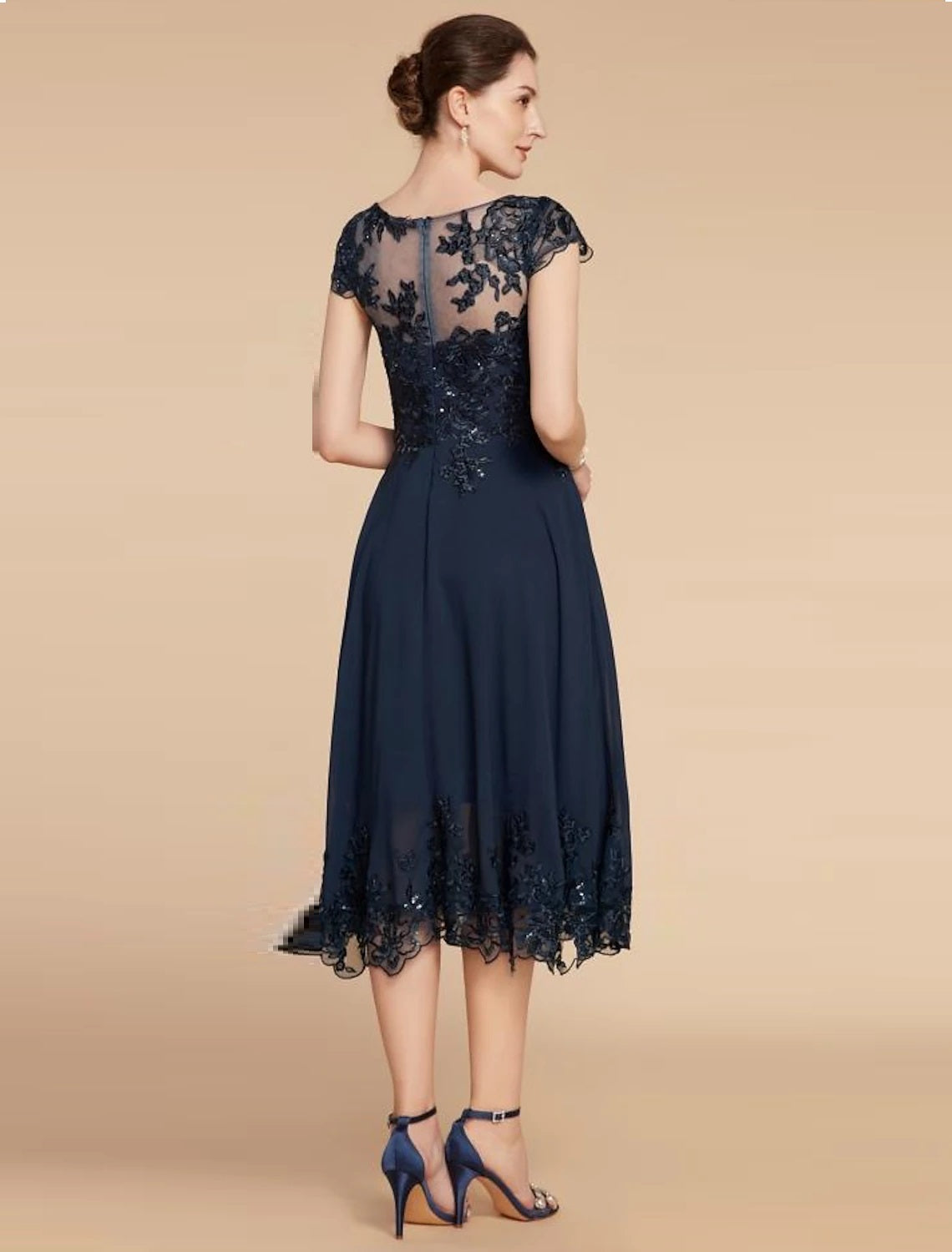A-Line  Scoop Neck Tea Length Wedding Guest Party Dress Chiffon Lace Cap Sleeve Mother of the Bride Dress with Sequin Ruching