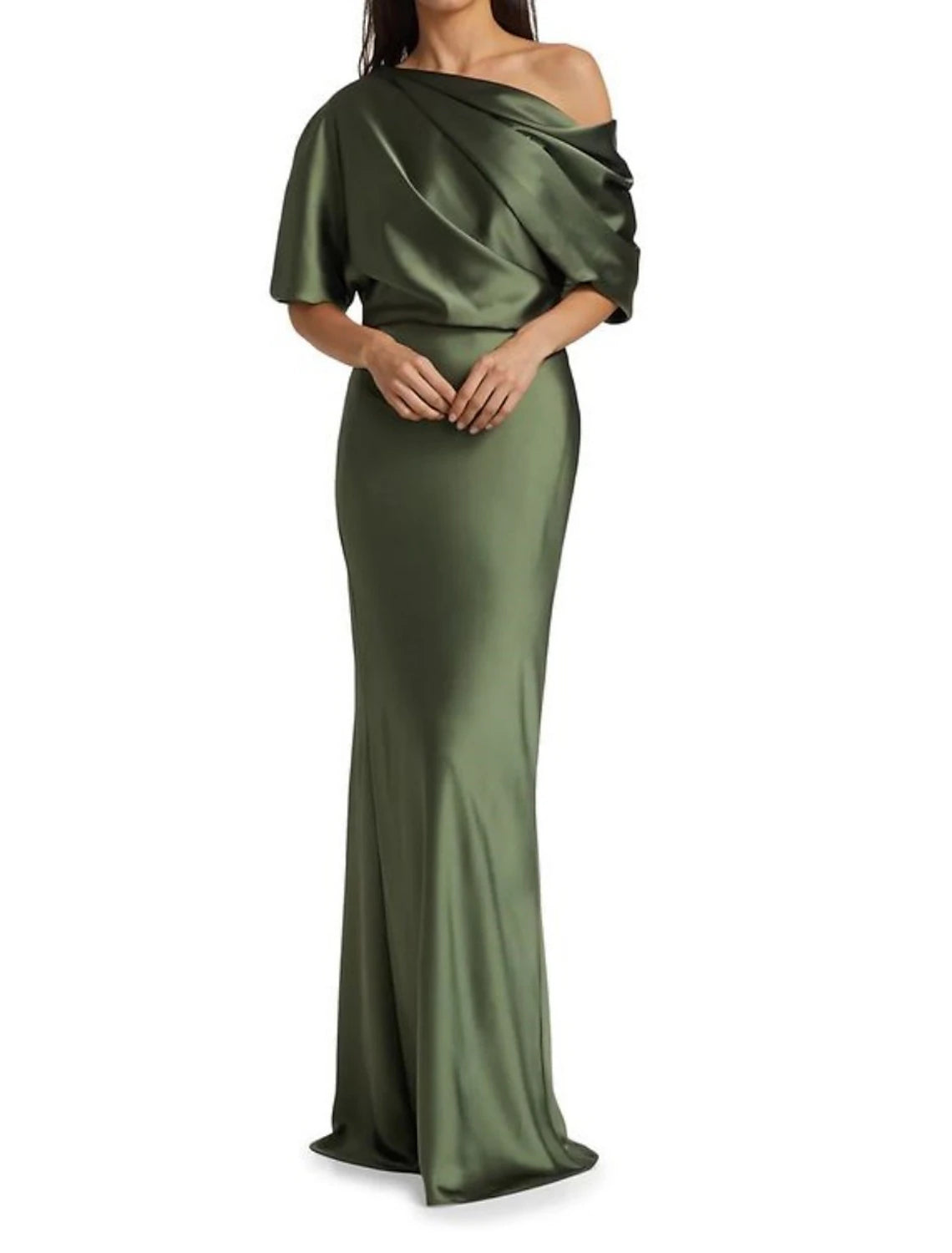 Sheath / Column Mother of the Bride Dress Off Shoulder Sweep / Brush Train Satin Half Sleeve with Ruching