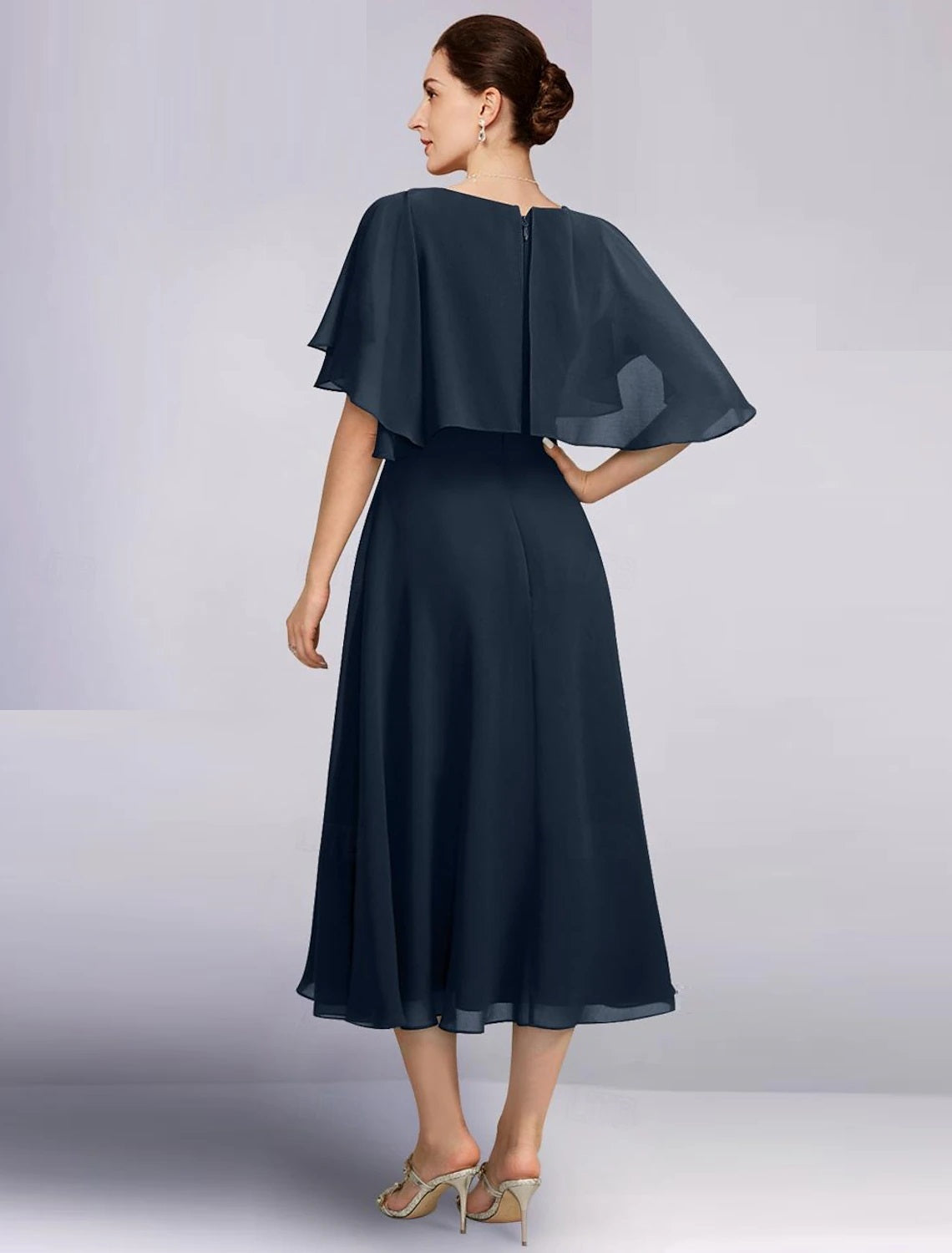 A-Line Half Sleeve Lace Mother of the Bride Dress Formal Elegant Jewel Neck Tea Length Chiffon Wedding Guest Dress