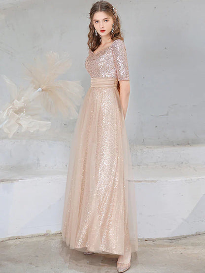 A-Line Evening Gown Sparkle Dress Wedding Guest Floor Length Half Sleeve V Neck Sequined with Bow(s) Sequin