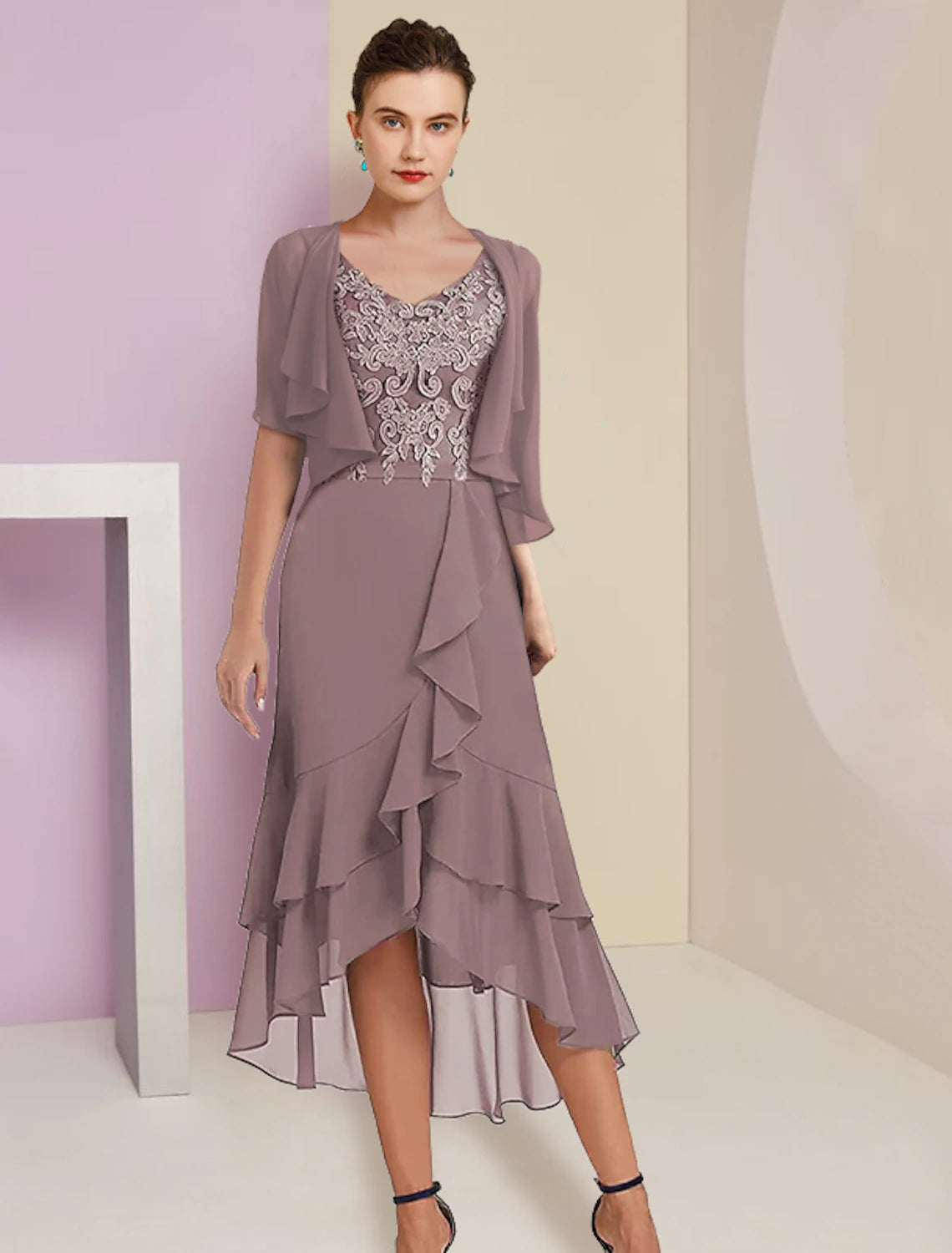 Two Piece A-Line Mother of the Bride Dress Formal Fall Wedding Guest Elegant High Low V Neck Asymmetrical Tea Length Chiffon Lace Short Sleeve 3/4 Length Sleeve Wrap Included with Applique