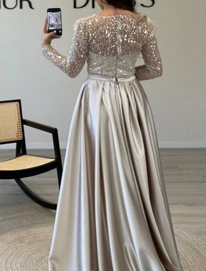 Mermaid Sequin Evening Gown Ruched Satin Dress Long Sleeves Floor Length Sparkle Illusion Neck Fall Wedding Guest Dress with Pearls Overskirt