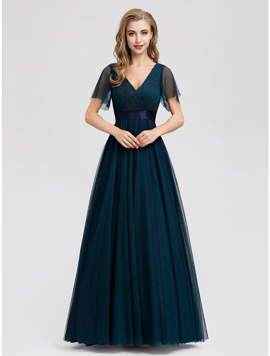 A-Line Evening Gown Empire Dress Wedding Guest Prom Floor Length Short Sleeve V Neck Bridesmaid Dress Chiffon V Back with Pleats Ruched