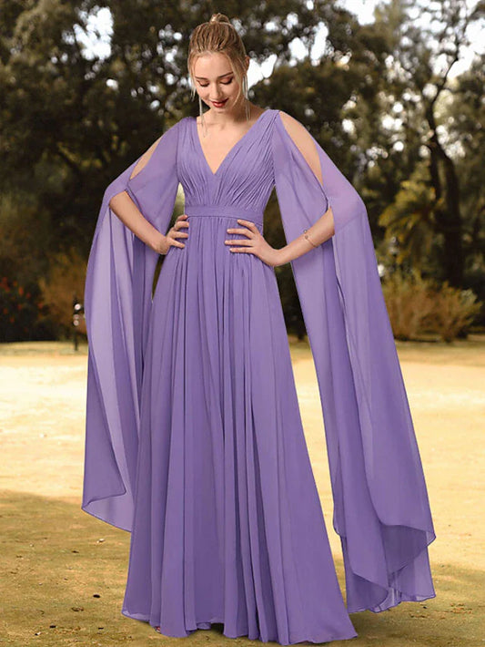 A-Line Evening Gown Empire Dress Wedding Guest Floor Length Long Sleeve V Neck Chiffon with Pleats Pure Color