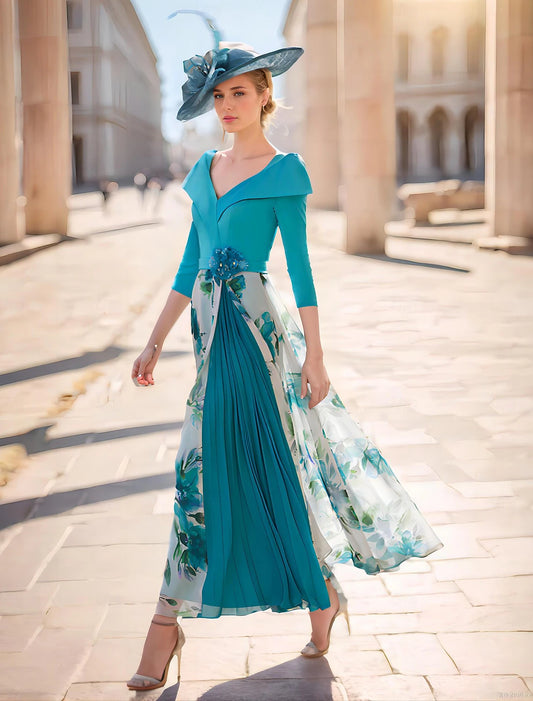 Formal Wedding Guest Elegant Elegant Dress V Neck Ankle Length Chiffon Stretch Fabric 3/4 Length Sleeve with Pleats Flower blue wedding guest dress