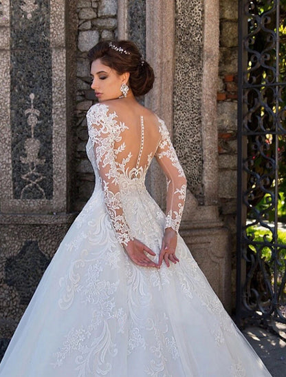 Engagement Formal Fall Wedding Dresses Ball Gown Illusion Neck Long Sleeve Court Train Lace Bridal Gowns With Lace Appliques Summer Wedding Party, Women‘s Clothing