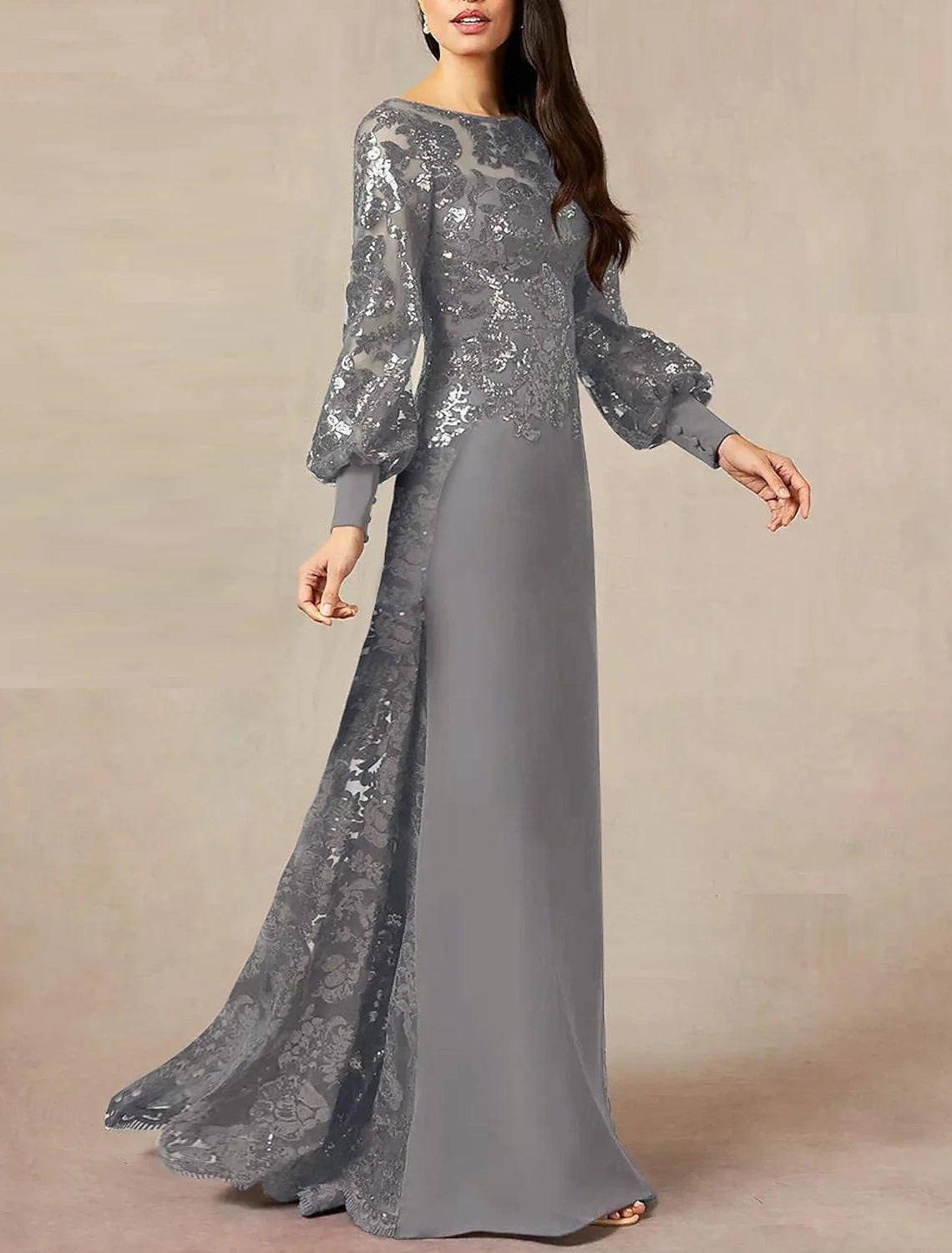A-Line Sleek Glitter Sparking Sequin Jewel Neck Floor Length Wedding Guest Dress  Chiffon Sequined Long Sleeve Mother of the Bride Dress