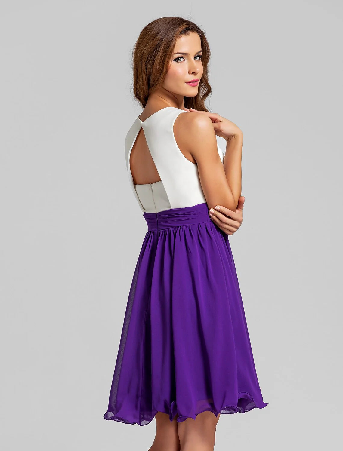 A-Line Jewel Neck Short / Mini Chiffon Bridesmaid Dress with Criss Cross / Ruched