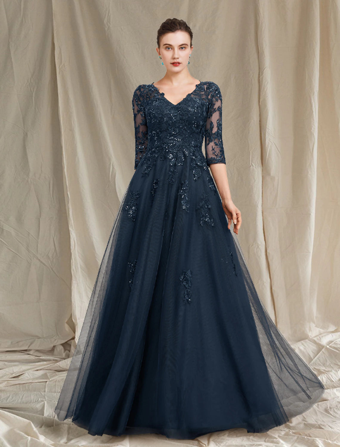 A-Line Mother of the Bride Dress Elegant Luxurious V Neck Floor Length Chiffon Lace Tulle Half Sleeve with Sequin Appliques