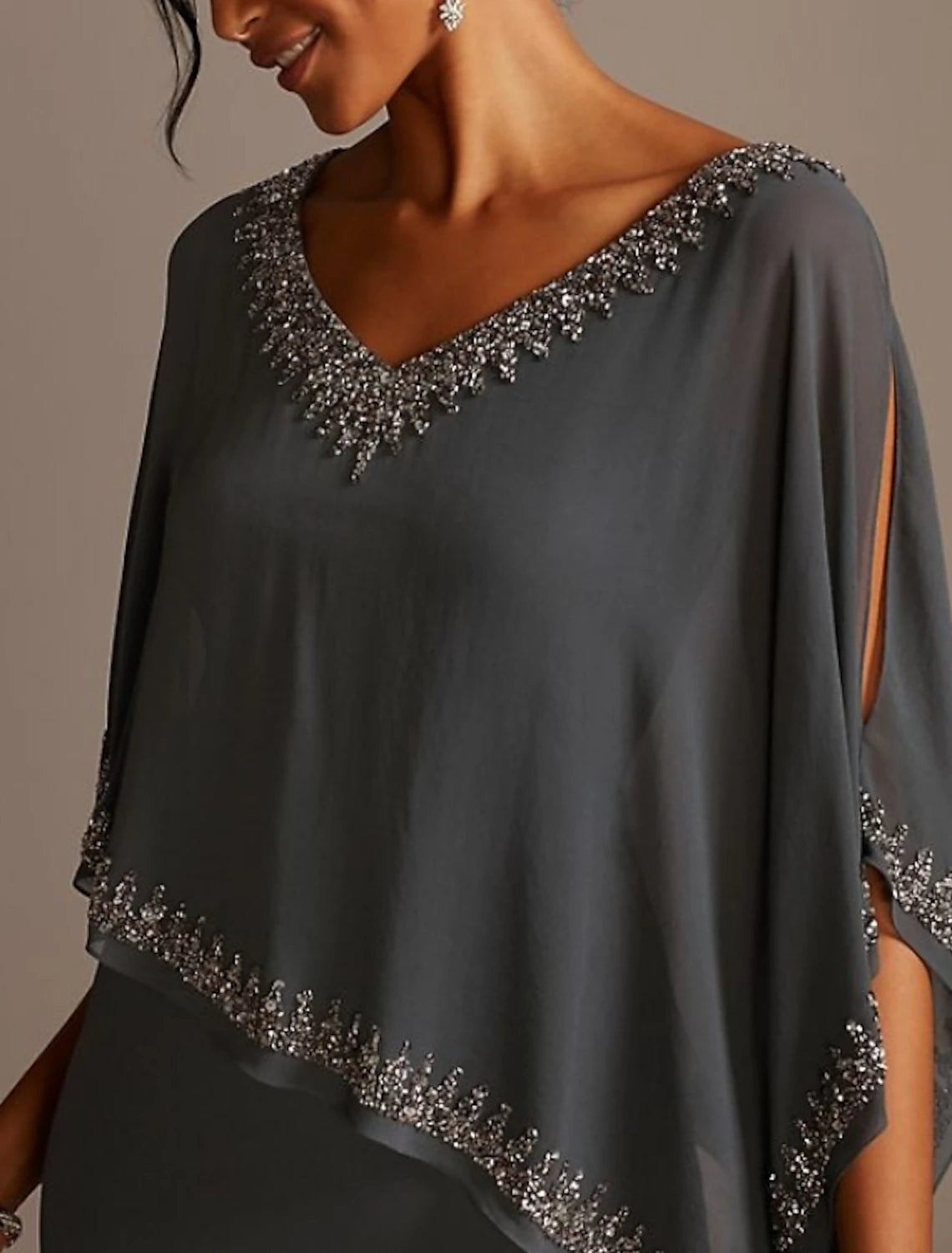 Sheath V Neck Floor Length  Wedding Guest Party Dress Chiffon Half Sleeve Mother of the Bride Dress with Beading