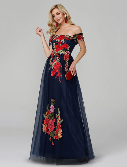 A-Line Prom Dresses Floral Dress Wedding Guest Prom Floor Length Sleeveless Off Shoulder Lace Over Tulle with Embroidery Appliques